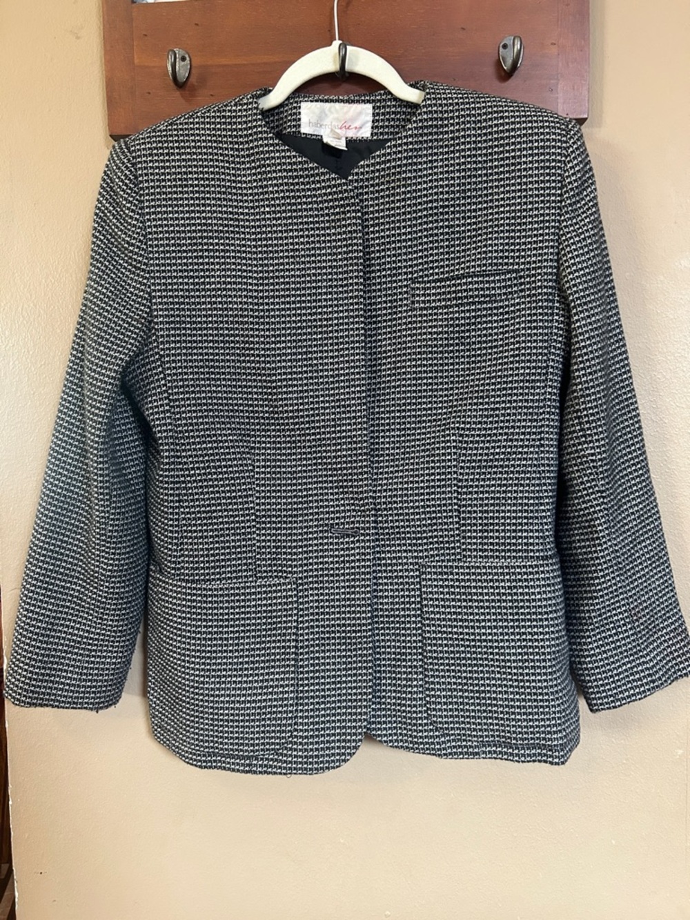 Vintage Habershe Black & White Houndstooth Wool Blend Tweed Blazer